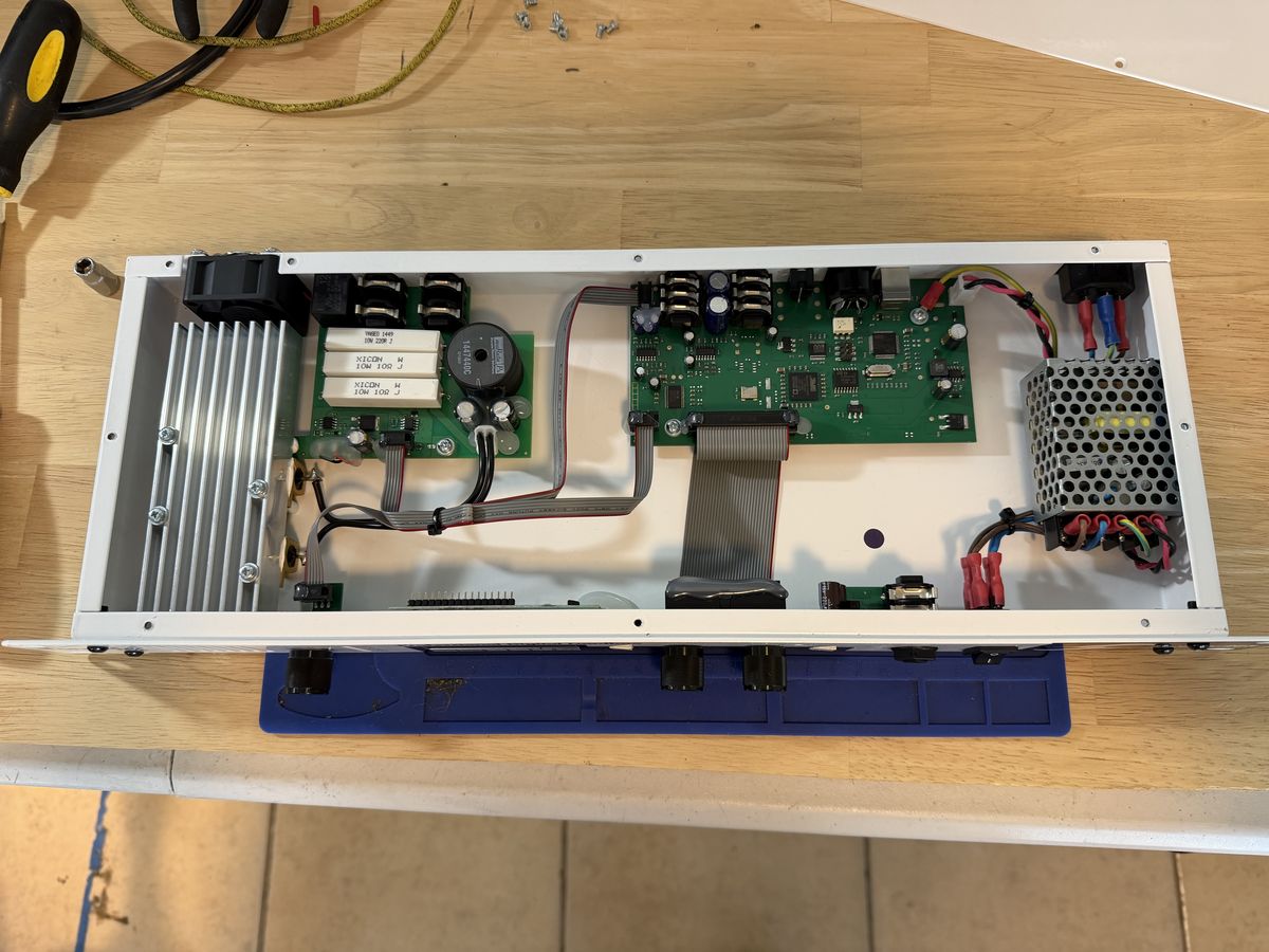 Inside an audio component on the bench