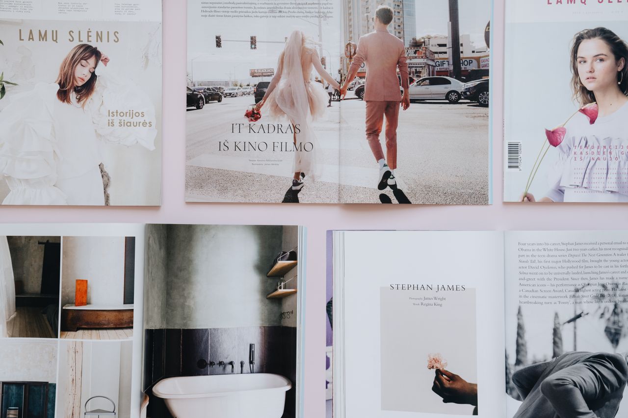 Print magazines stacked on a table